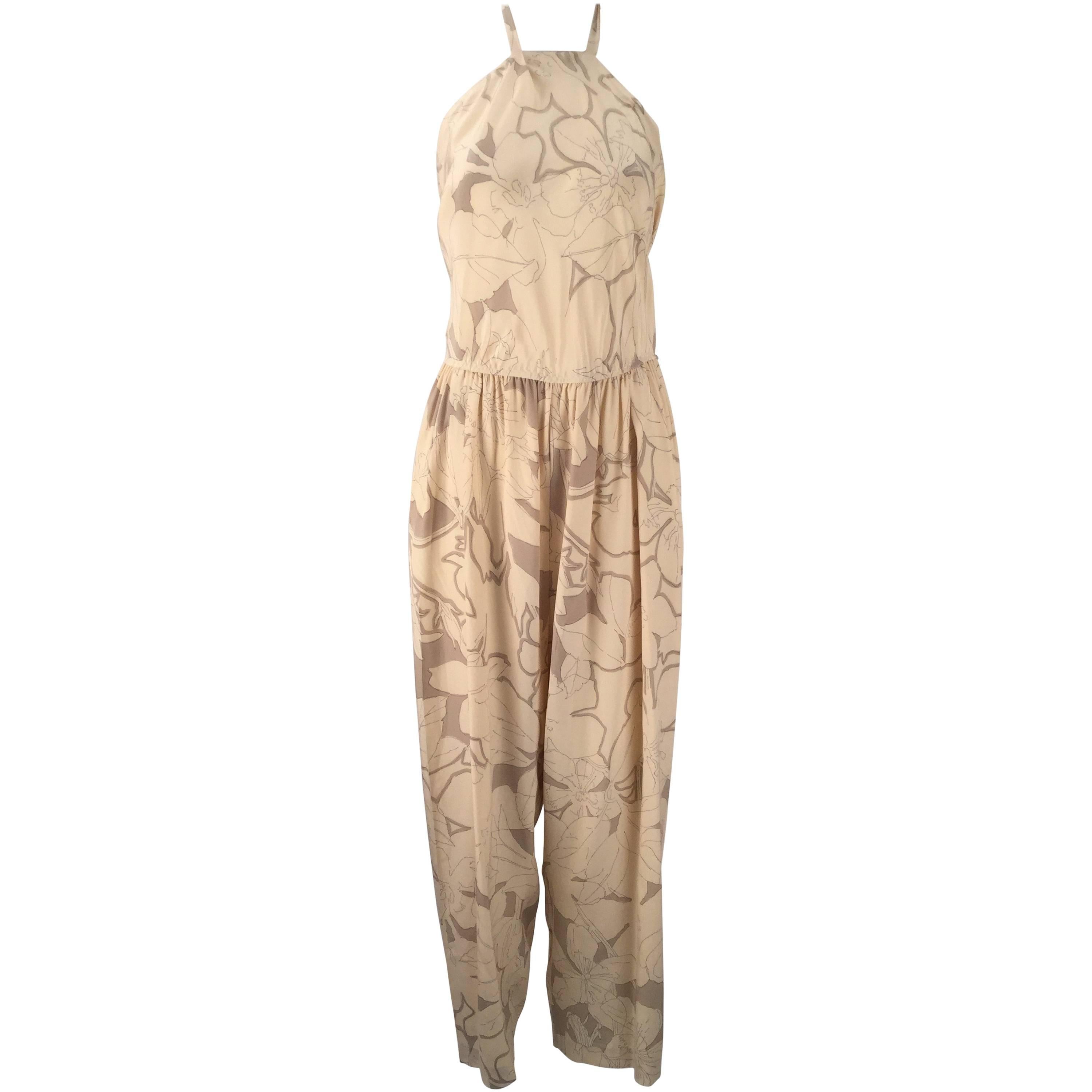 Stephen Burrows Silk Cream and Light Brown Halter Jumpsuit, 1970s  For Sale