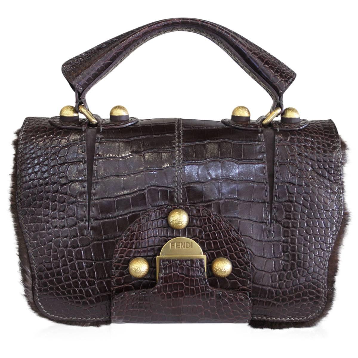 Fendi Rare Secret Code 8BN199 Brown Alligator & Mink Satchel Handbag Purse For Sale