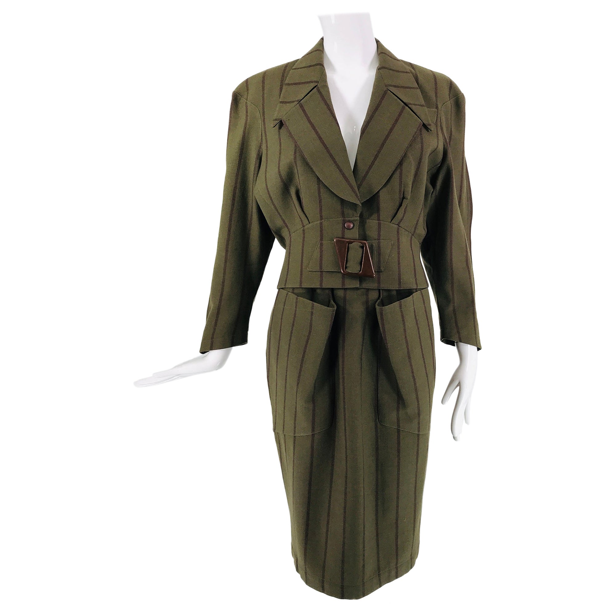 Thierry Mugler 1980s Nip Waist Green & Brown Stripe Skirt Suit Snap Back Skirt  For Sale
