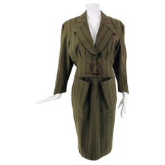 Thierry Mugler 1980s Nip Waist Green & Brown Stripe Skirt Suit Snap Back Skirt 