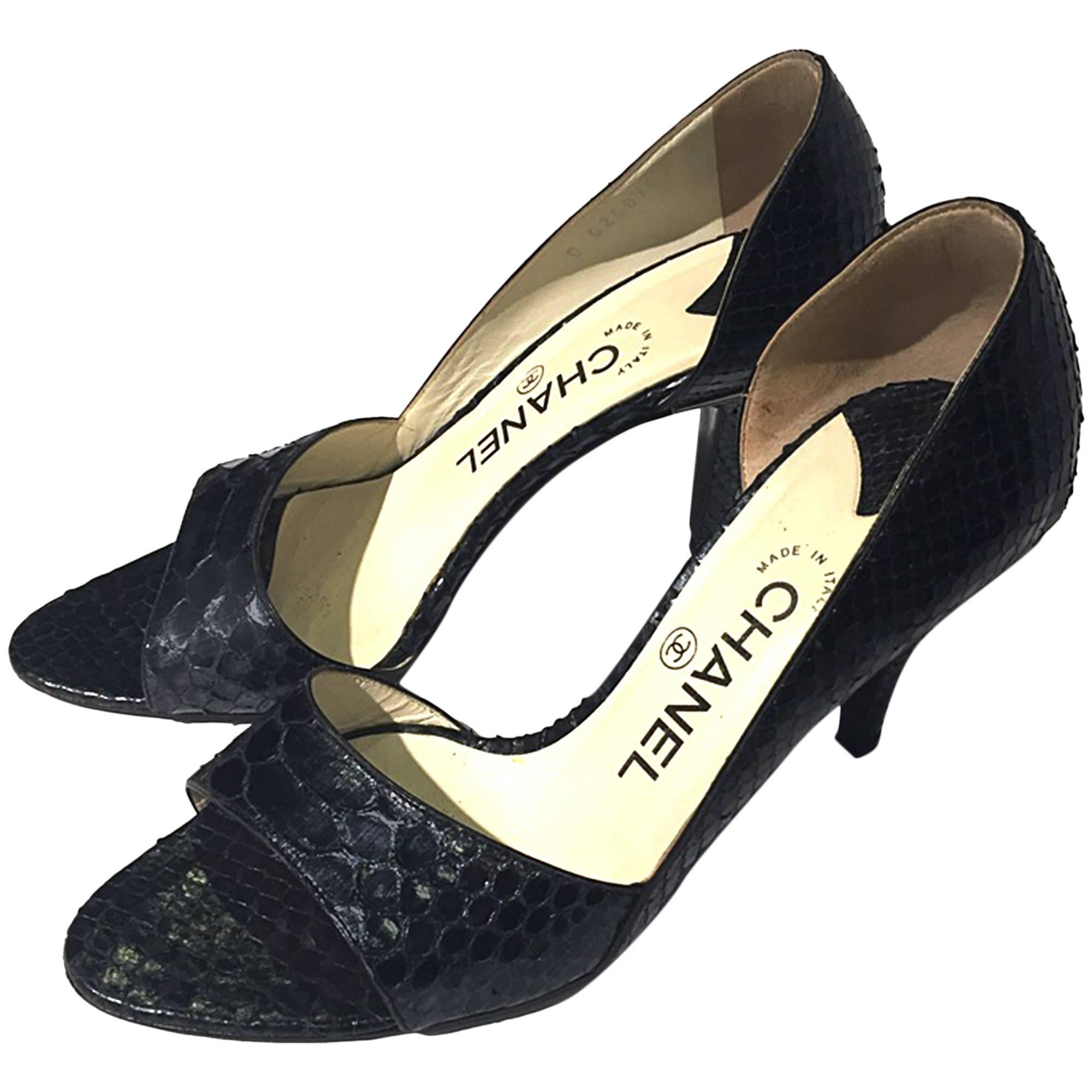90s Chanel snake leather peep toes in black, Sz 8 For Sale