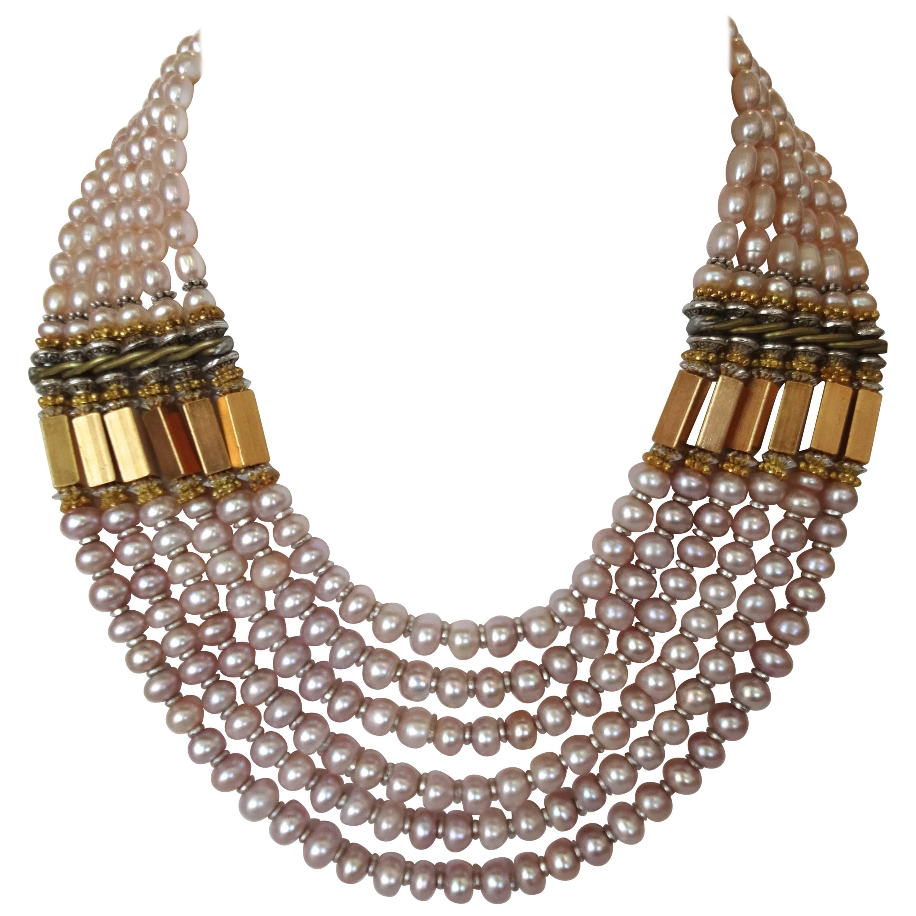 Masha Archer 6 Strand Rose Pearl Collar Necklace