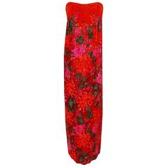 1960's Bob Bugnand Watercolor Red & Orange Floral Flocked Satin Strapless Gown 1