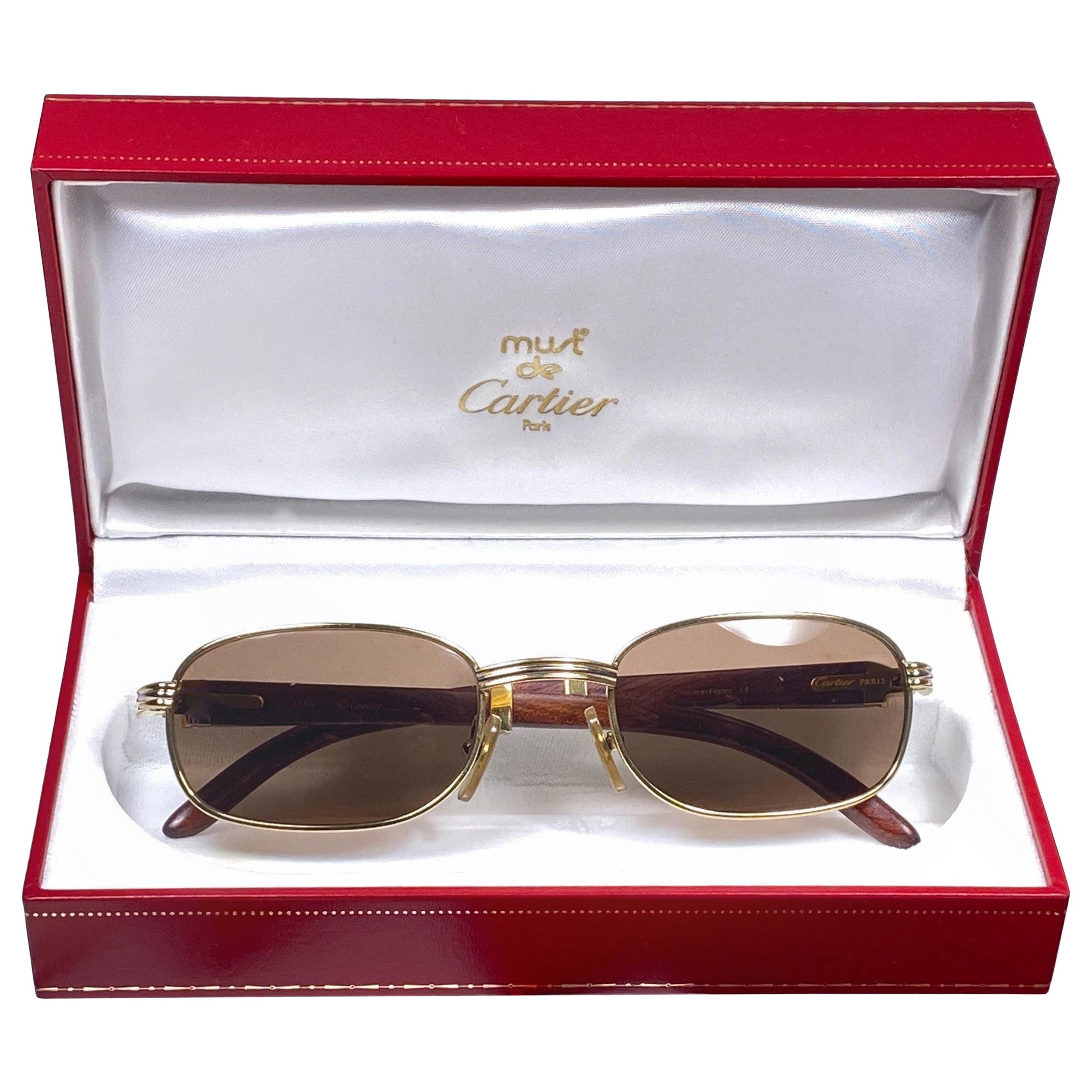 Vintage Cartier Wood Breteuil 50mm Gold and Precious Wood Brown Lens Sunglasses  For Sale