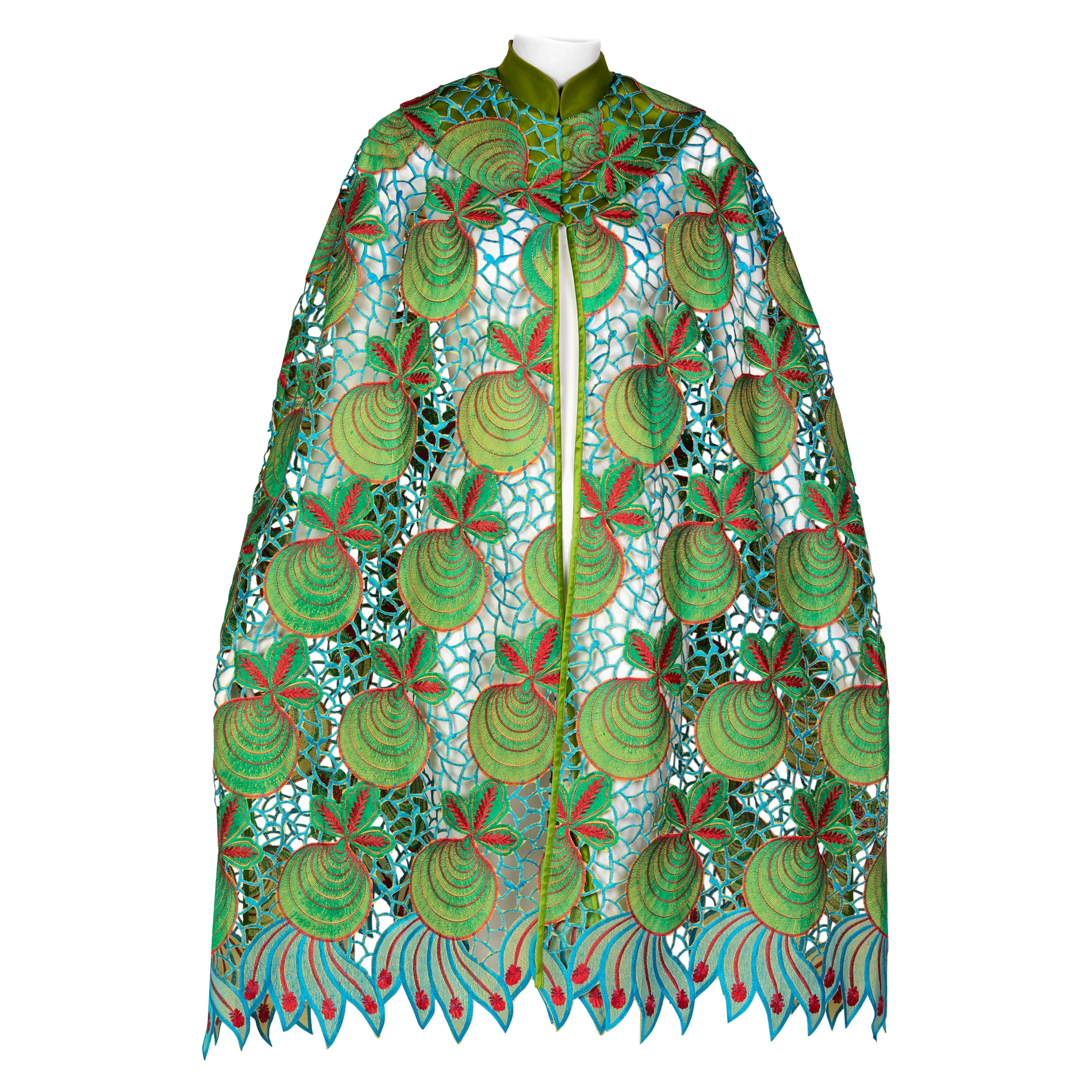 Duro Olowu Green Blue Red Cut Out Silk Lace Cape, 2012 For Sale