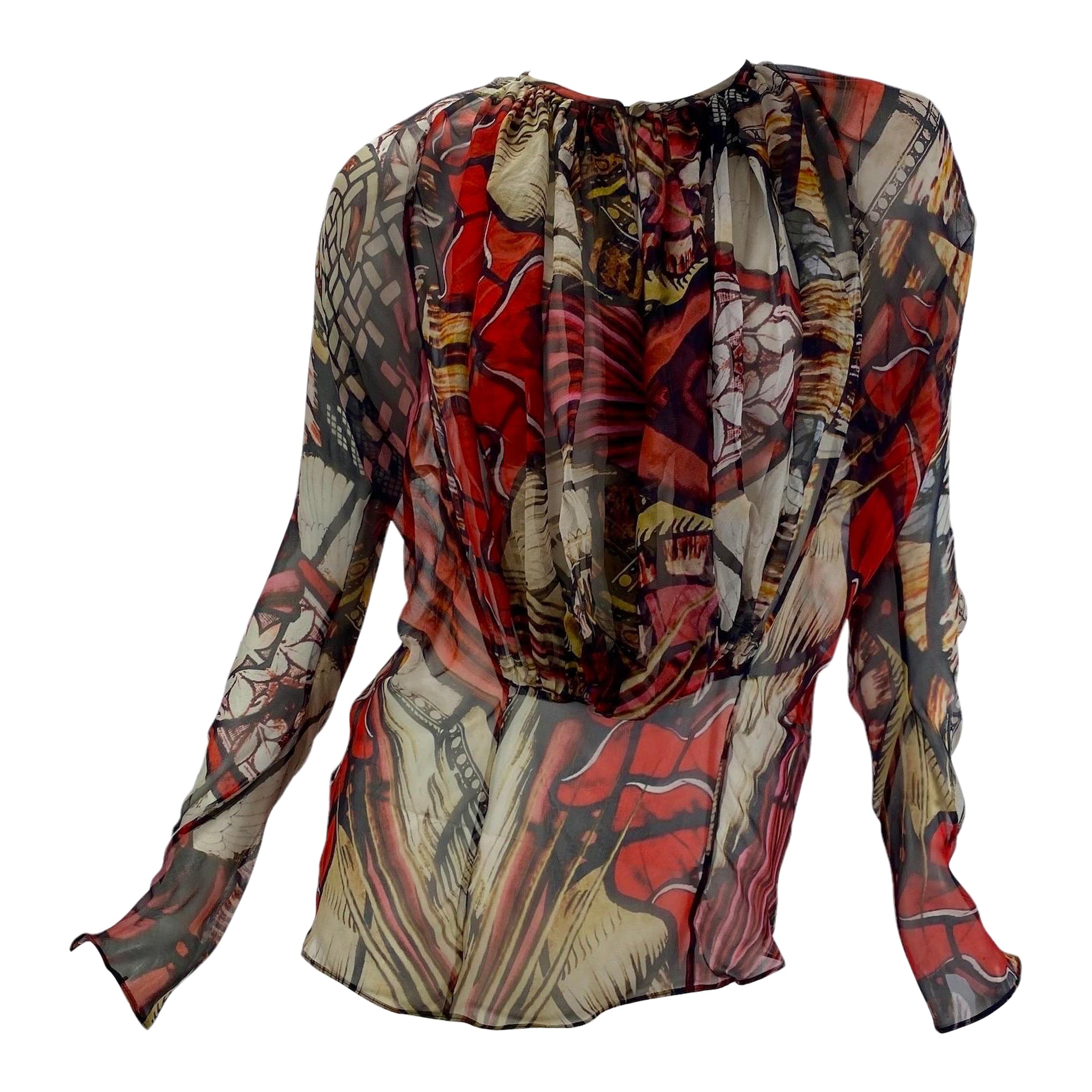 2009 Vintage Alexander McQueen Printed Chiffon Silk Blouse Top It. 40 For Sale