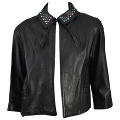 1960s Cropped Leather Jacket with Rhinestone Collar & Tassels 