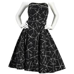 Retro 1950s Monochrome Novelty Print Party Dress with Asterisk Pattern