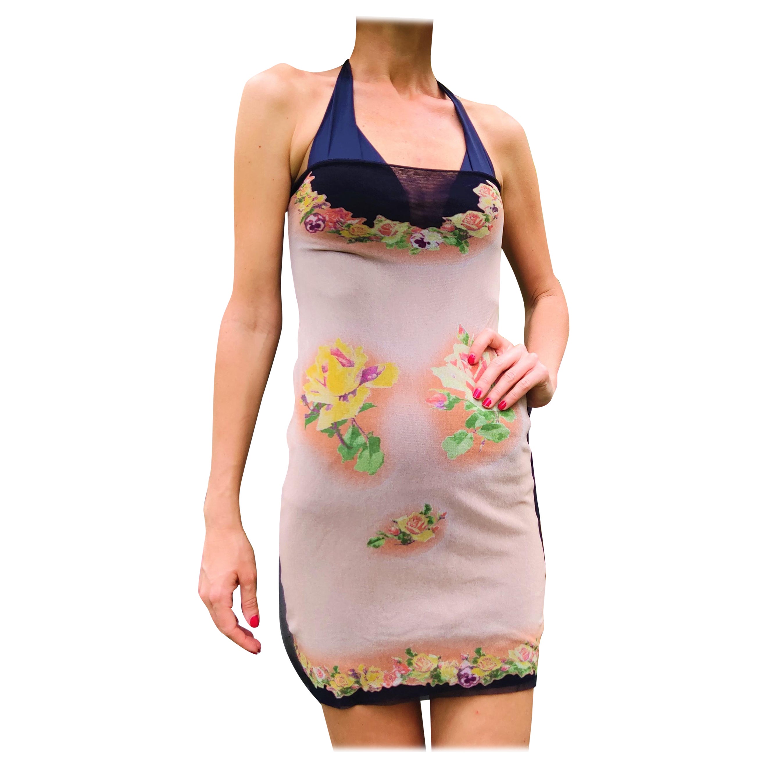 Jean Paul Gaultier Floral Flower Supreme Rose Pink Mesh Mini Top Skirt Dress For Sale