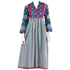 Vintage 1970s Ethnic Embroidered Cotton Maxi Dress with Bell Sleeves