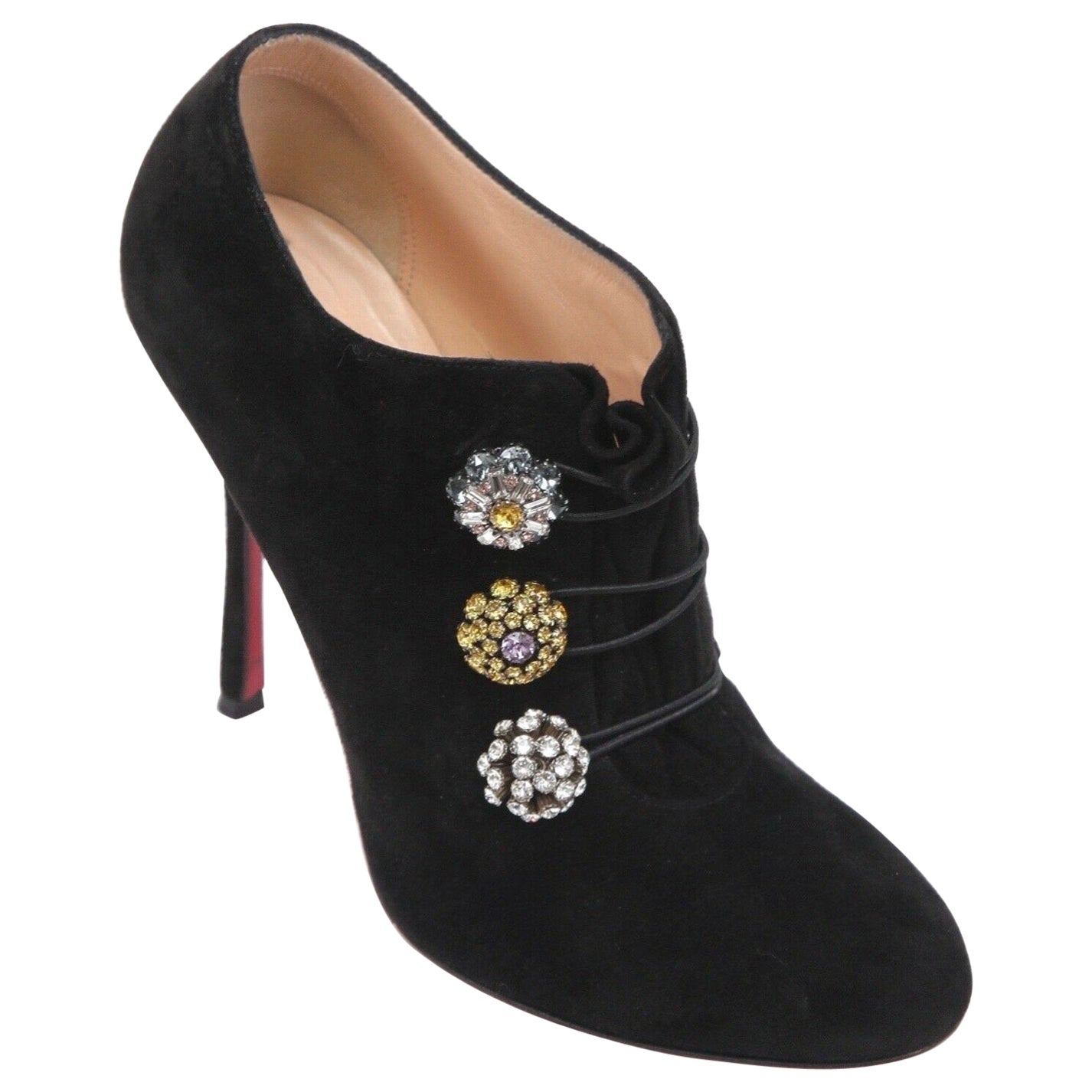 CHRISTIAN LOUBOUTIN Black Suede Ankle Boot BOOTONI MJ Leather Crystals Sz 38