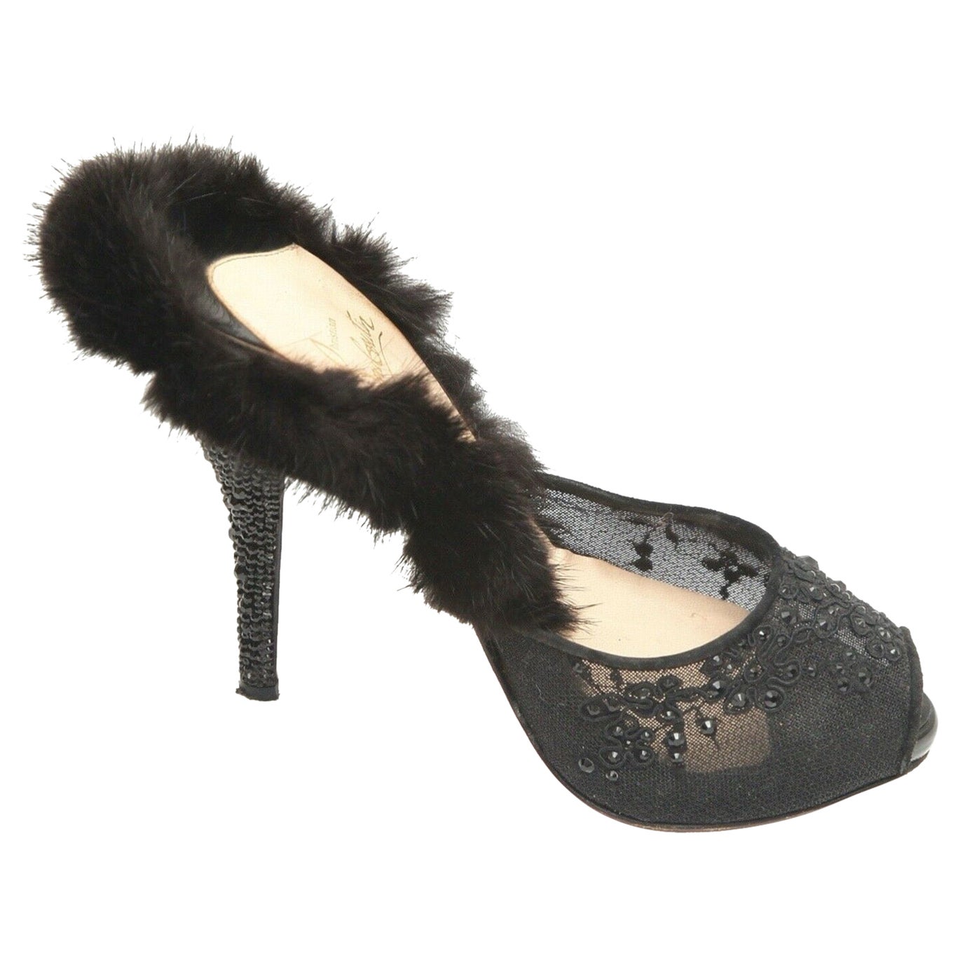 CHRISTIAN LOUBOUTIN Black Mule NUTRIA 120 Fur Crystals Lace Netting Leather 38.5