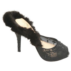 Used CHRISTIAN LOUBOUTIN Black Mule NUTRIA 120 Fur Crystals Lace Netting Leather 38.5