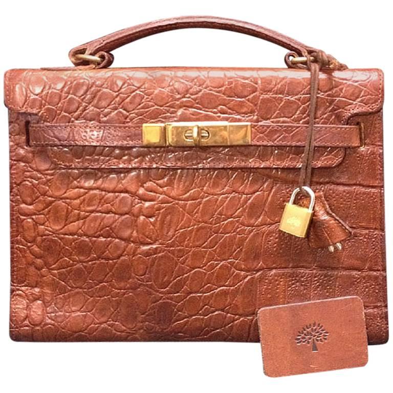 Vintage Mulberry croc embossed brown leather Kelly bag. Designed by Roger Saul For Sale