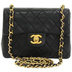 Vintage Chanel 7" Flap Black Quilted Leather Shoulder Mini Bag