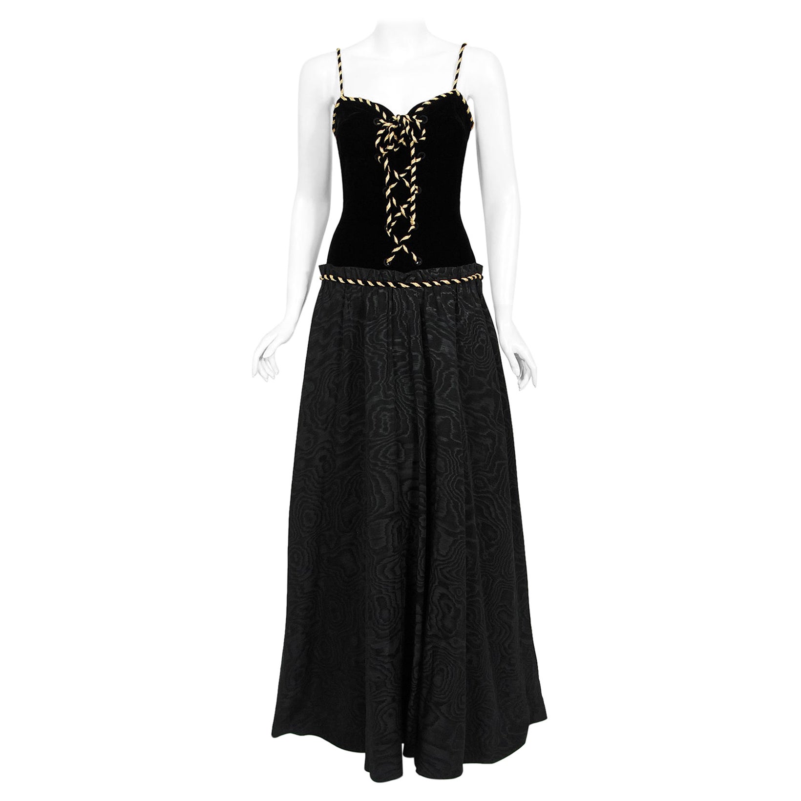 Vintage 1970's Loris Azzaro Couture Black Gold Silk & Velvet Lace-Up Corset Gown For Sale