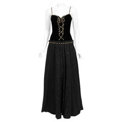 Vintage 1970's Loris Azzaro Couture Black Gold Silk & Velvet Lace-Up Corset Gown