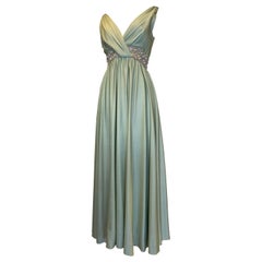 1960s Celedon Green Rayon Jersey Grecian-Styled Gown w Jeweled Empire Waist