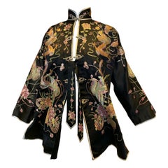 1930s Black Chinese Silk Jacket w Metallic Foil Embroidered Phoenix Birds