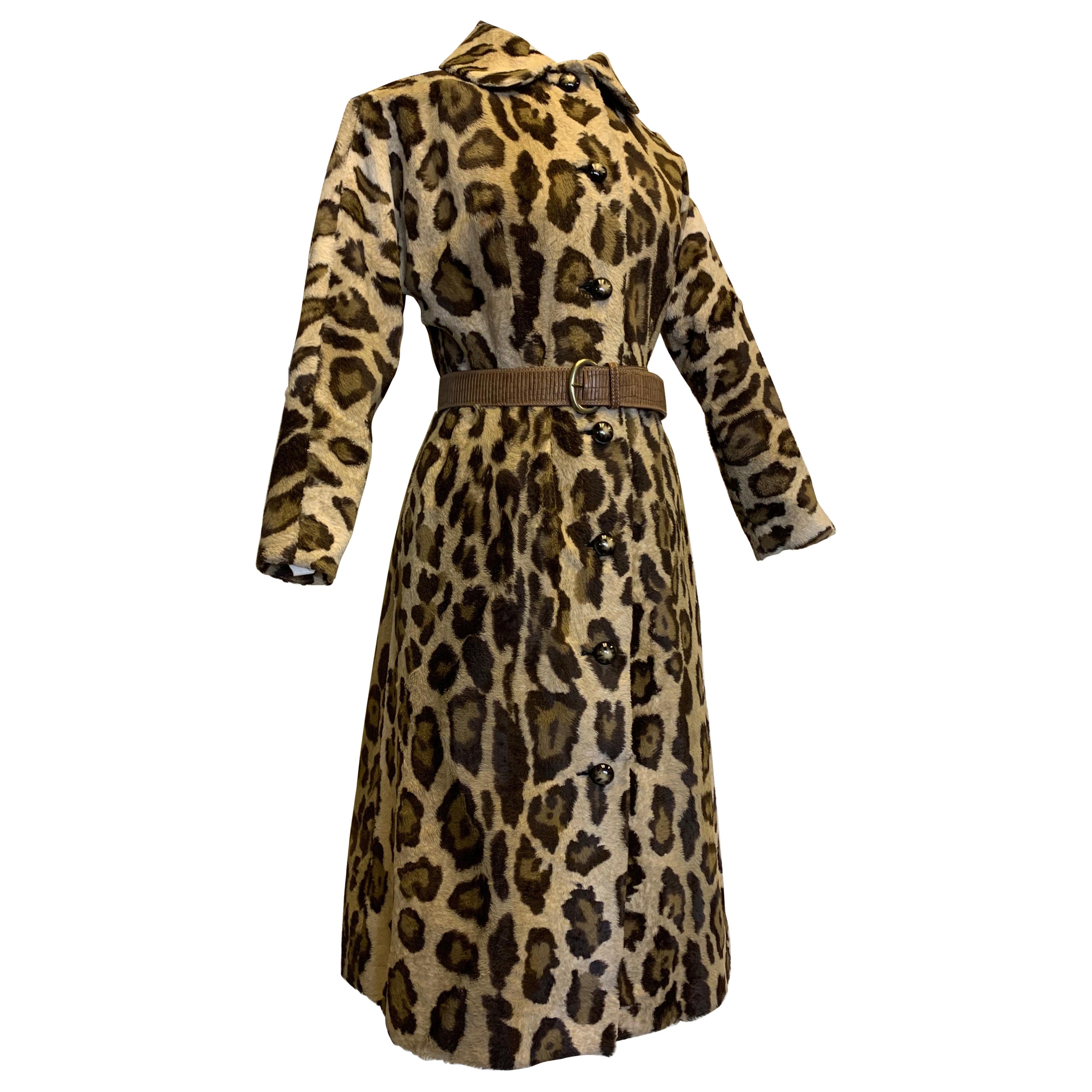 1960s Jerry Silverman Faux Leopard Fur Button-Down Coat Dress For Sale