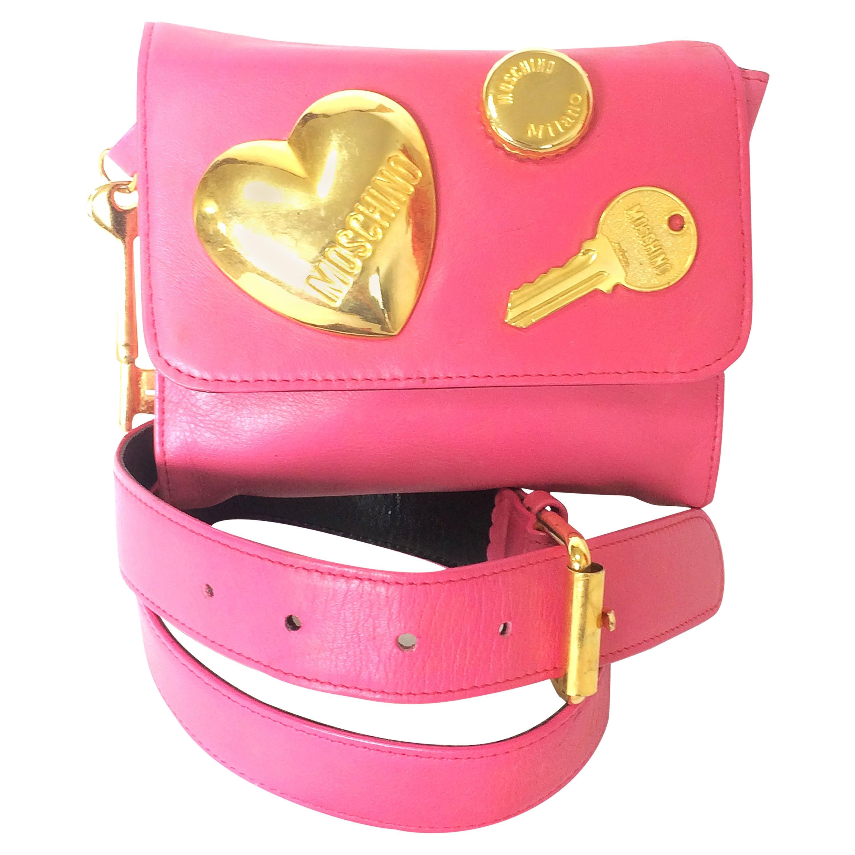 Vintage MOSCHINO pink leather waist purse, fanny bag, clutch, pouch with motifs  For Sale