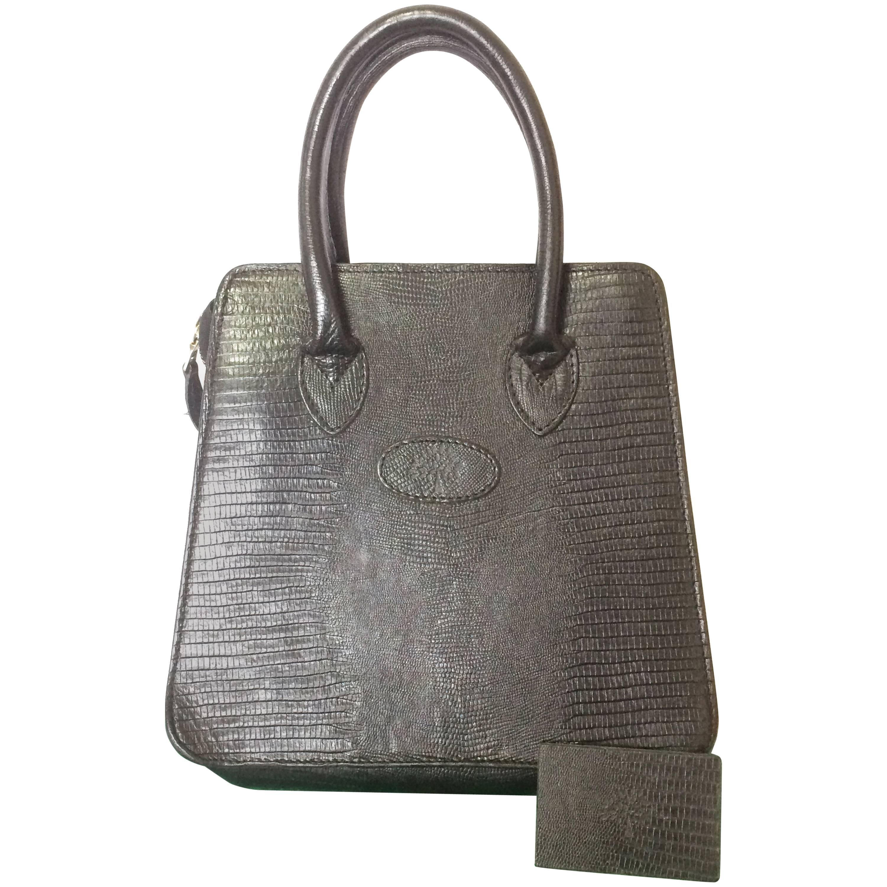 Vintage Mulberry lizard embossed black leather mini tote bag. By Roger Saul 