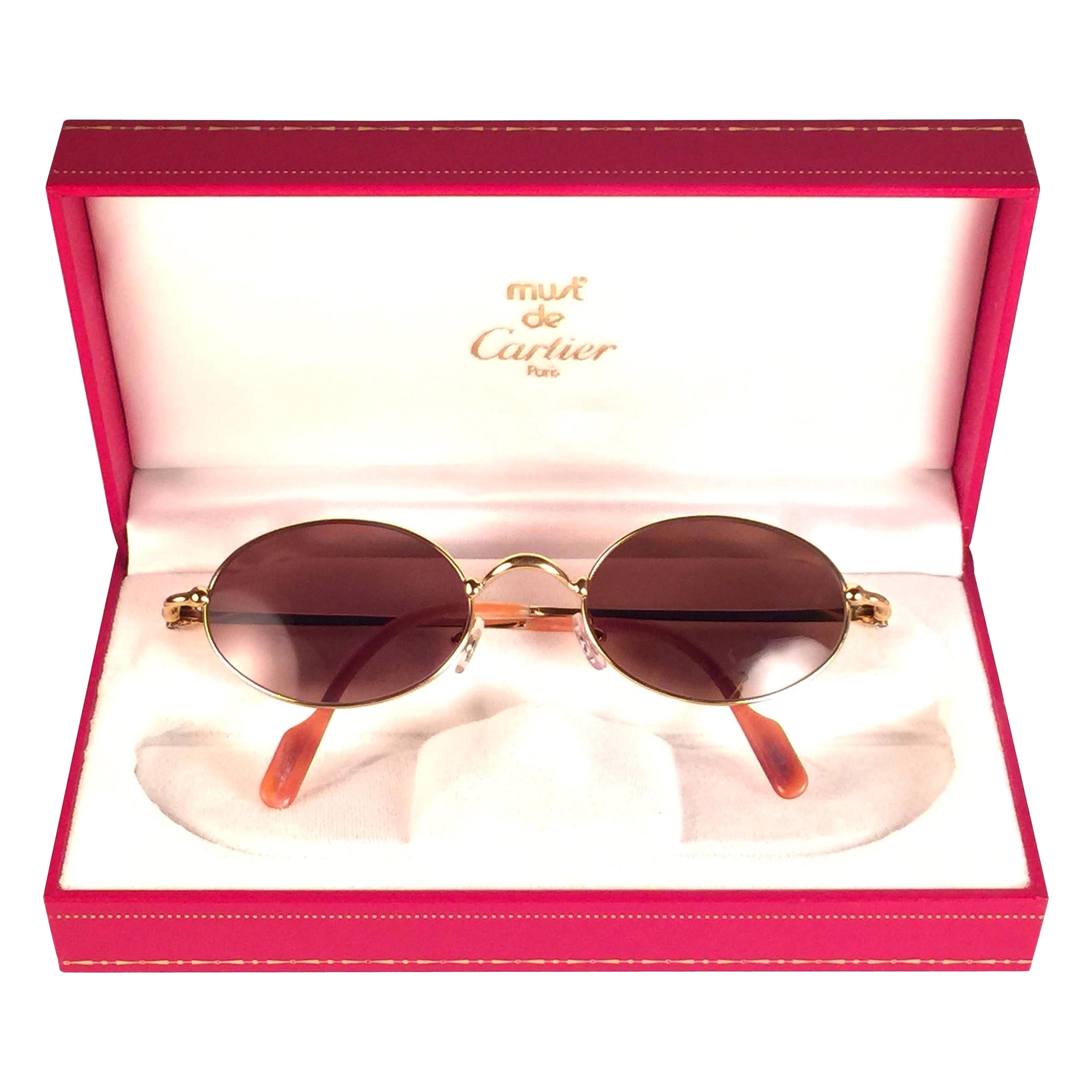 New Vintage Cartier Filao 49 Gold Plated Oval Brown Lens France 1990 Sunglasses For Sale
