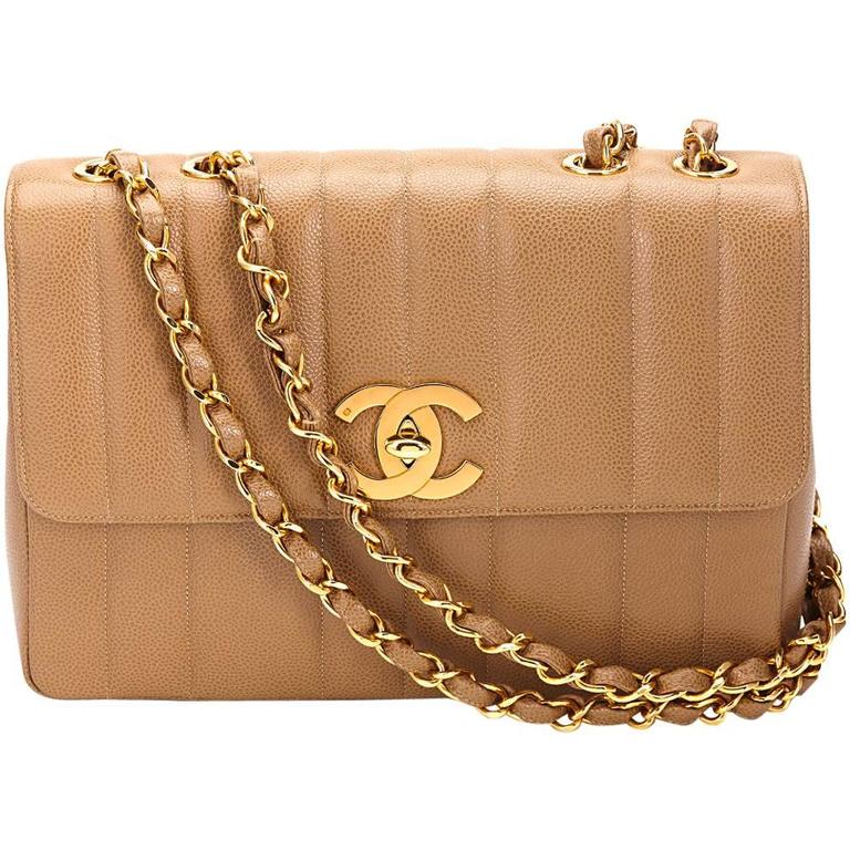 1990s Chanel Tan Vertical Quilted Caviar Leather Vintage Jumbo Xl 1990s Chanel Tan Vertical Quilted Caviar Leather Vintage Jumbo Xl Flap Bag For