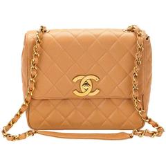 1990s Chanel Mini Tan Quilted Caviar Leather Vintage Single Flap Bag