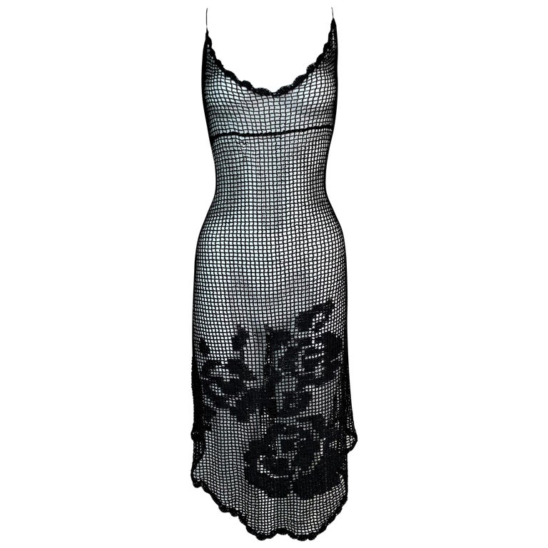 Vintage F/W 1997 Dolce and Gabbana Runway Sheer Black Knit Floral Dress For  Sale at 1stDibs