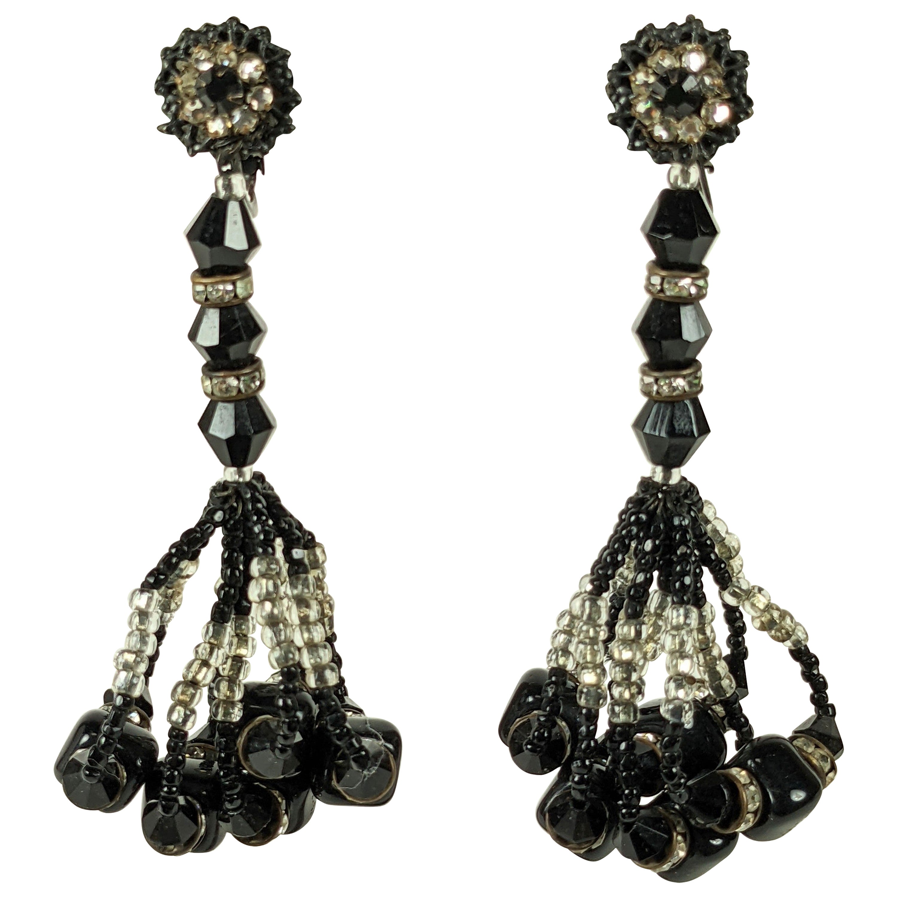 Miriam Haskell Jet and Seed Bead Tassel Earrings For Sale