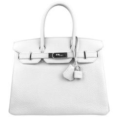 Hermes Birkin 30 White Leather Palladium Hardware Handbag Bag
