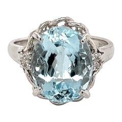 5.88 Carat Oval Aquamarine and Diamond Platinum Ring Estate Fine Jewelry