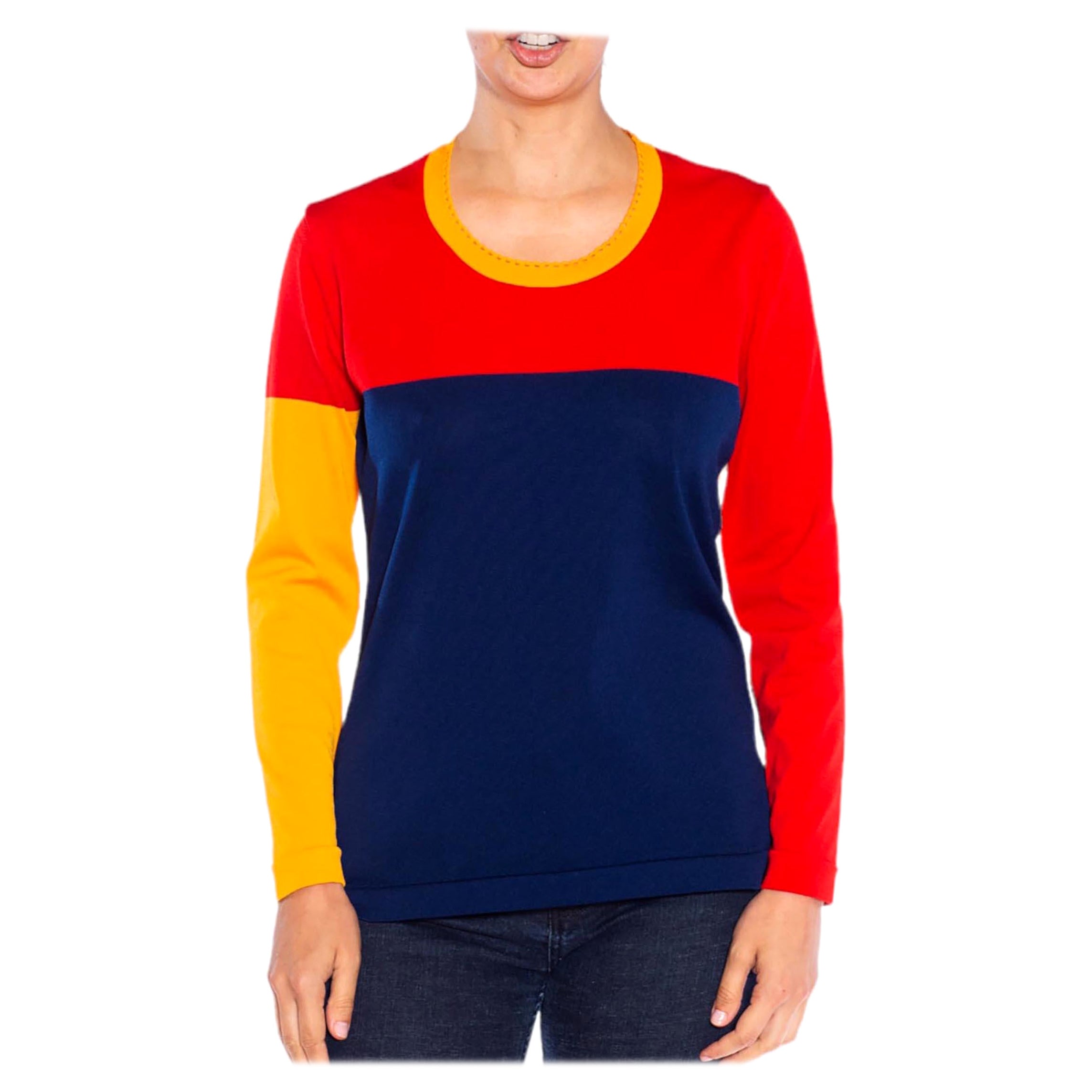 1990S Blue Yellow & Red Colorblock Long Sleeve  Top For Sale