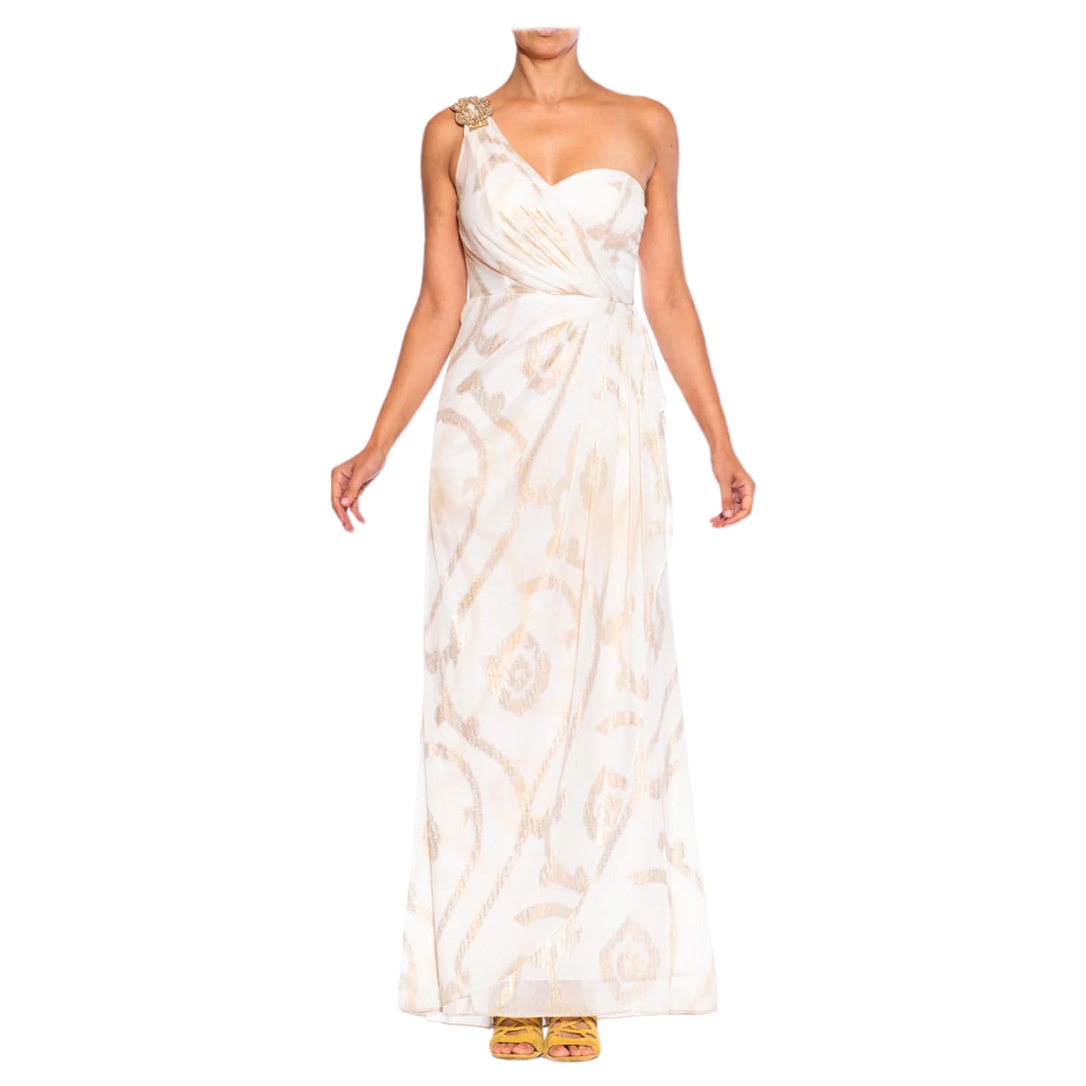 1990S White & Gold Lurex Silk Blend Chiffon Gown For Sale