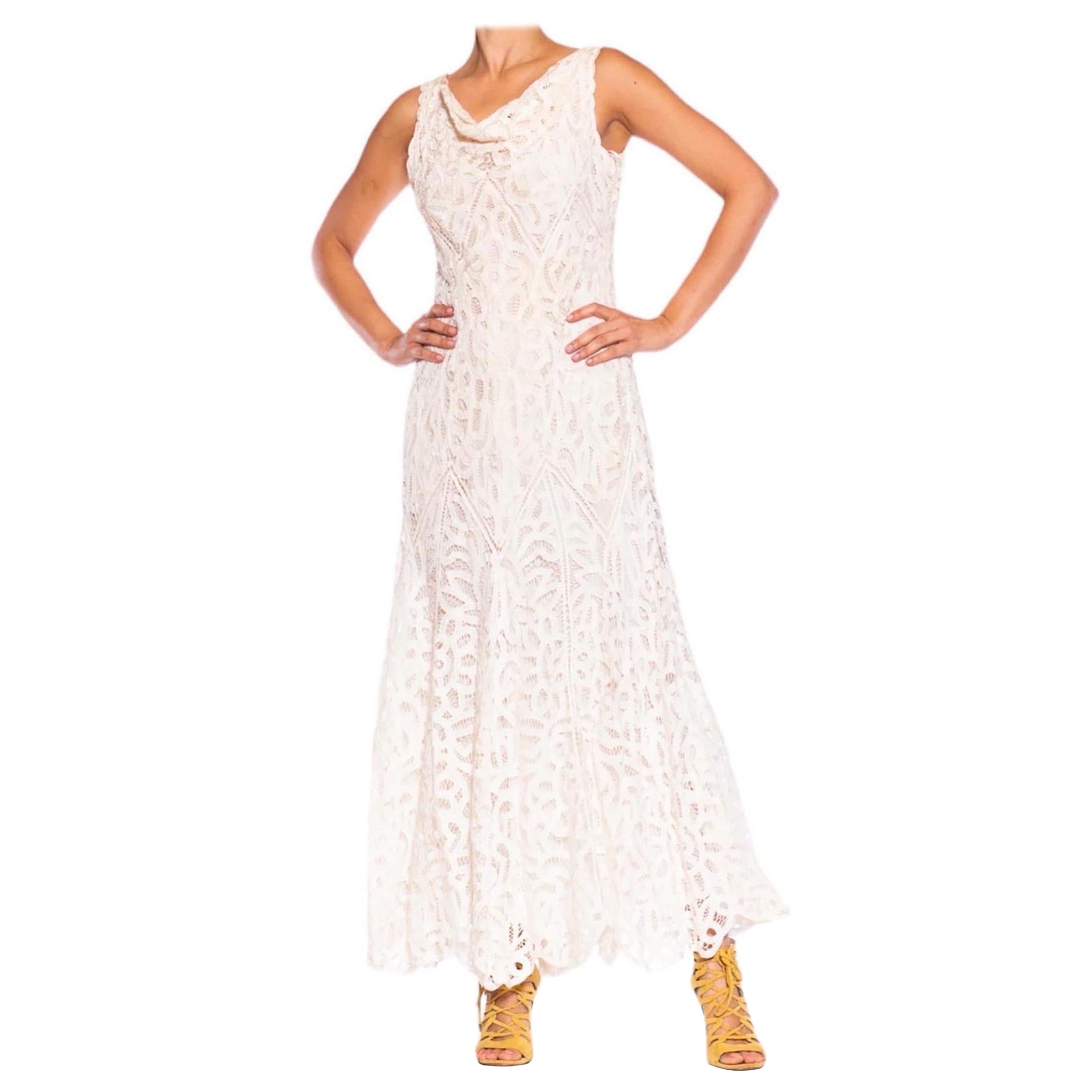 1990S White Hand Done Cotton Blend Battenburg Lace Cowl Neck Gown With Low Back For Sale