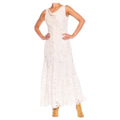 1990S White Hand Done Cotton Blend Battenburg Lace Cowl Neck Gown With Low Back
