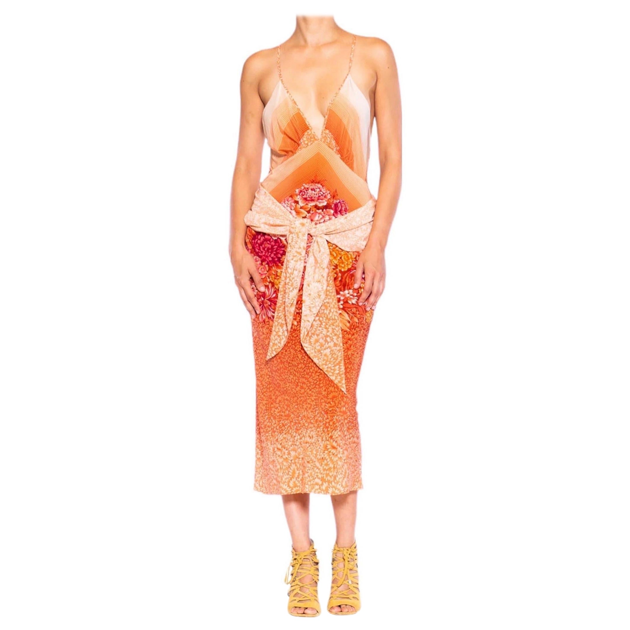 MORPHEW COLLECTION Peach & Pink Silk Floral Sagittarius One Scarf Dress Made Fr For Sale