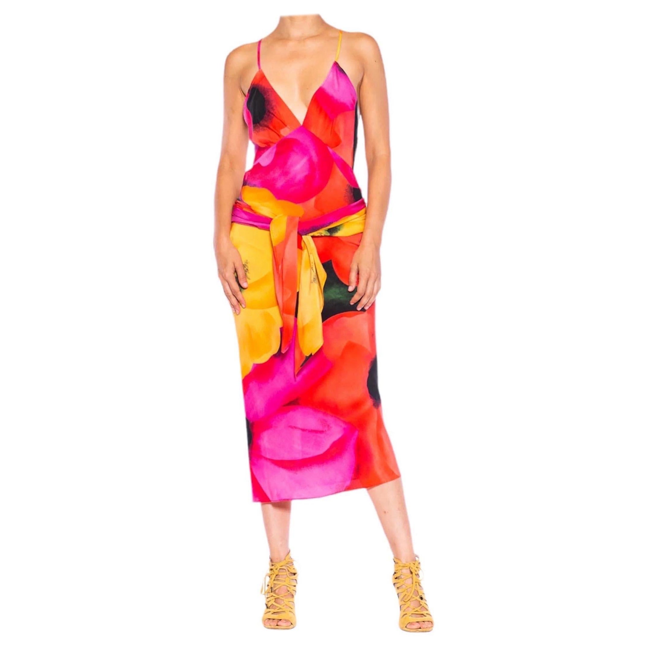 MORPHEW COLLECTION Pink & Yellow Silk Floral Sagittarius One Scarf Dress Made F For Sale