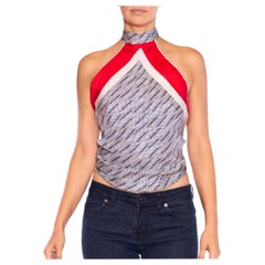 MORPHEW COLLECTION Red, White & Navy Silk Tie Top Made From Vintage Scarf