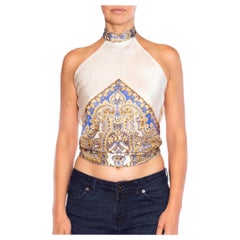MORPHEW COLLECTION Cream & Blue Silk Tie Top Made From Vintage Scarf