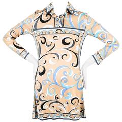 Vintage Emilio Pucci Beige Blue Gray Silk Knit LS Printed Shirt Dress SZ 10