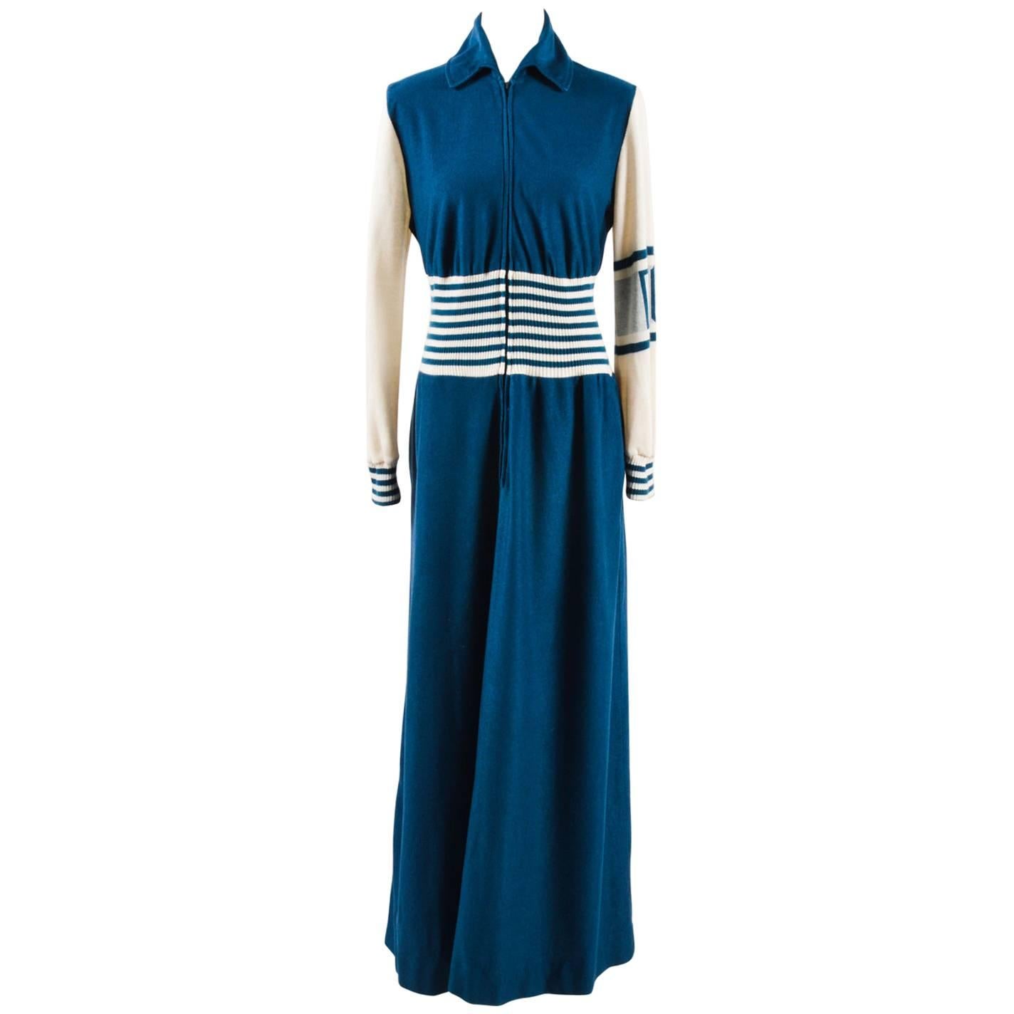 Vintage Christian Dior Teal Blue Cream Velour Knit Stripe Lounge Maxi Dress SZ S For Sale