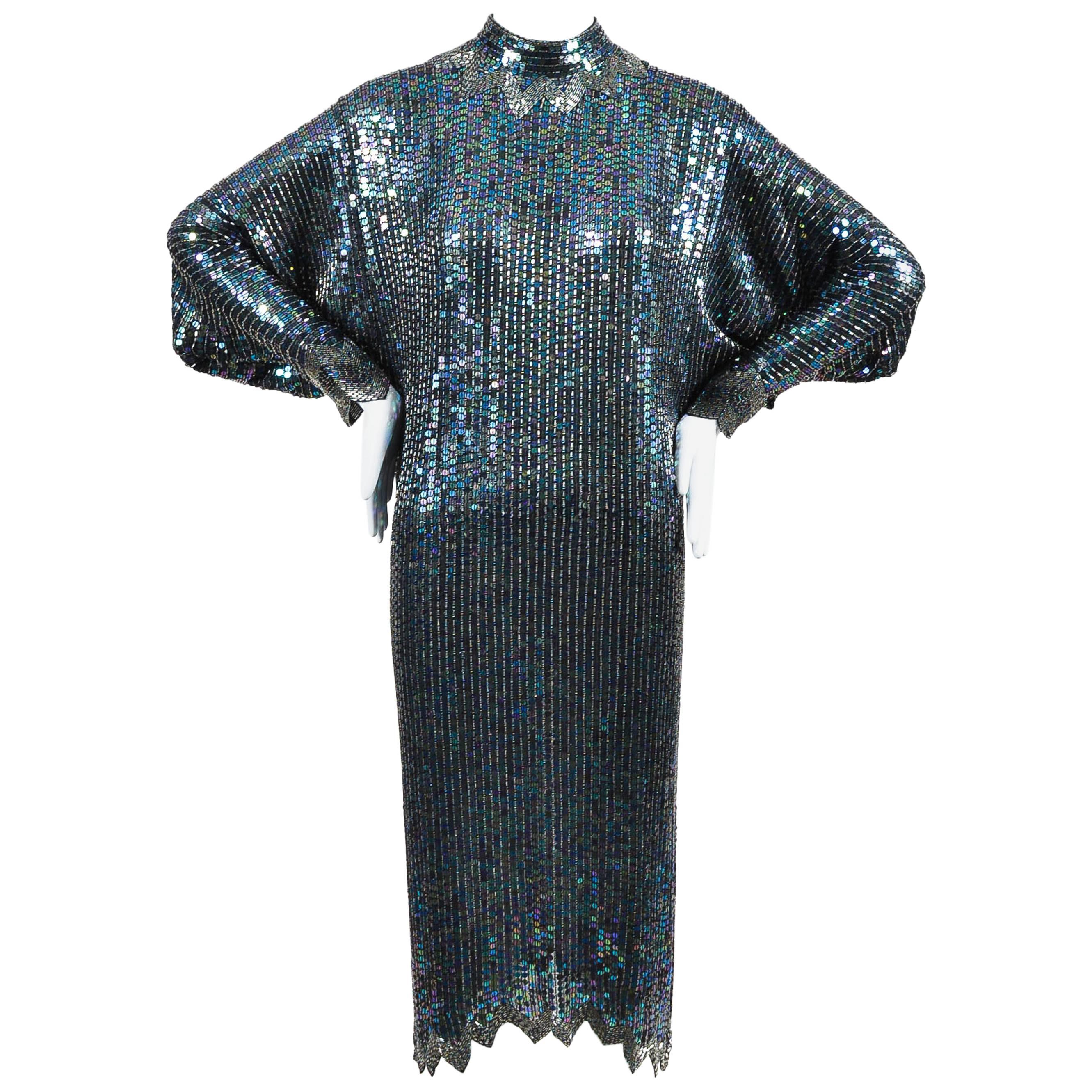 Vintage Halston Black Multicolor Sequin Beaded Dolman Sleeve Cocktail Dress SZ 6 For Sale