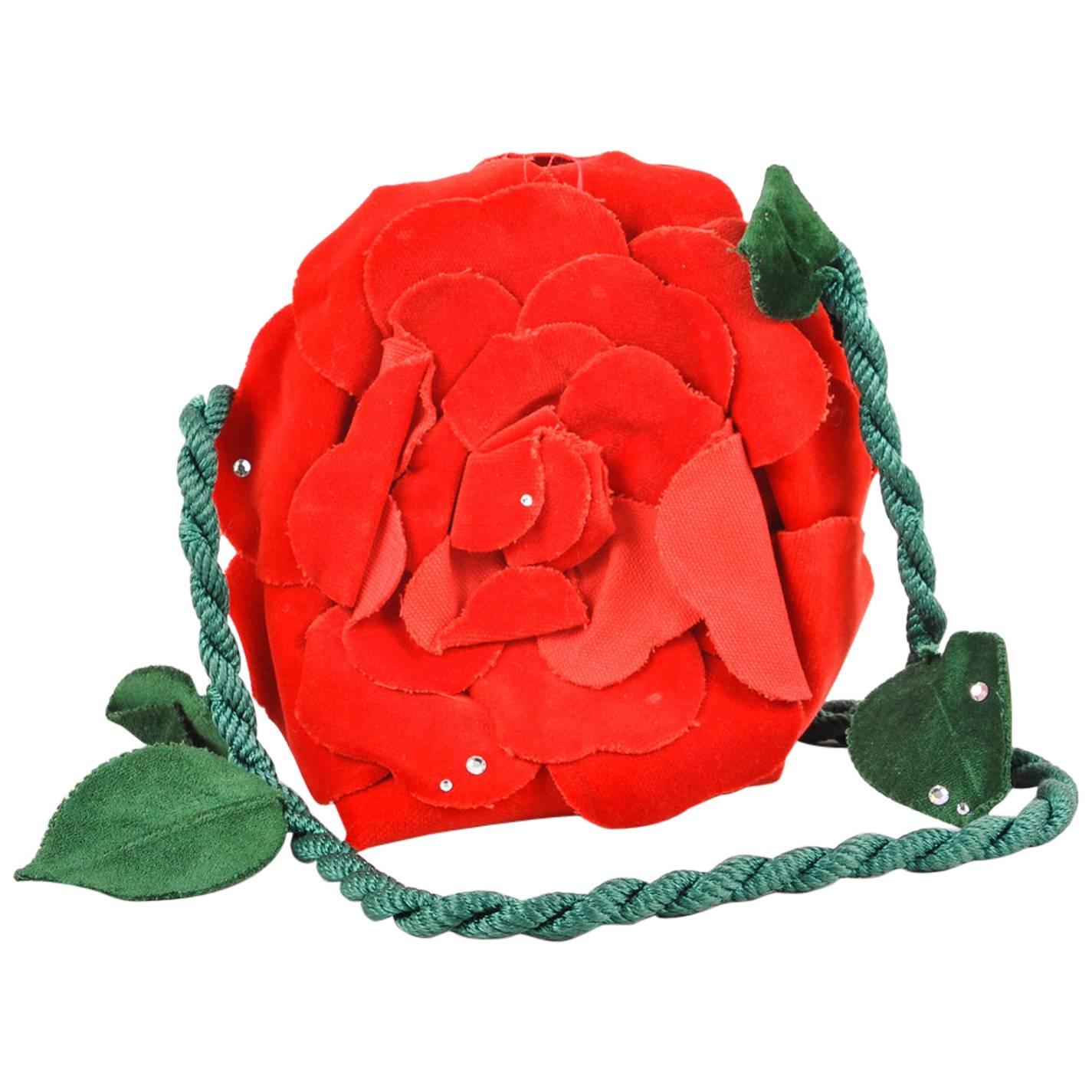 Vintage Emanuel Ungaro Green/Red/Black Rhinestone Detail Fabric Rose Purse For Sale