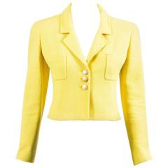 Vintage Chanel Boutique Yellow Tweed 'CC' Button Cropped Structured Jacket