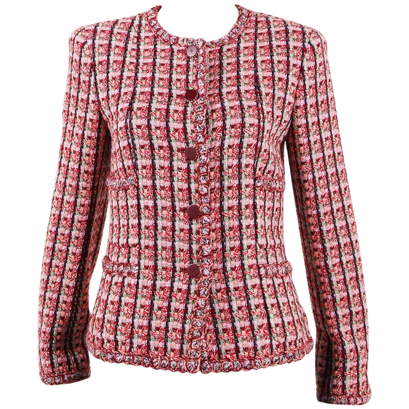 Chanel 02P Red Pink Cotton Wool Tweed Collarless 'CC' Button Jacket SZ 36 For Sale