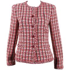 Chanel 02P Red Pink Cotton Wool Tweed Collarless 'CC' Button Jacket SZ 36