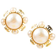 Vintage Chanel Gold Tone Faux Pearl 'CC' Clip On Earrings