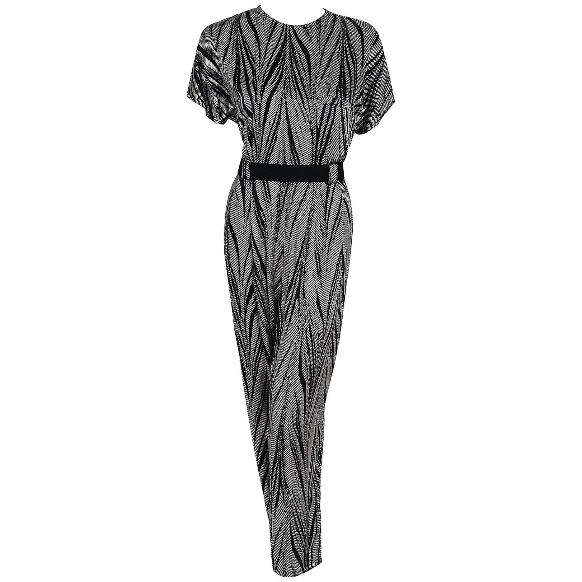 1989 Gianni Versace Black & Ivory Zebra Stripe Print Silk Hourglass Jumpsuit 